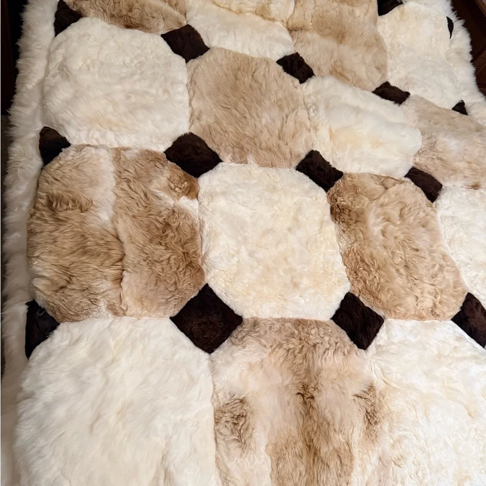 Luxury Sheepskin Patchwork Throw Blanket in Cream and Brown
